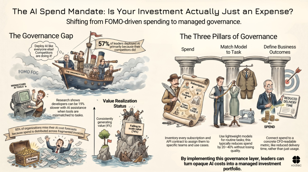 Infographic titled "The AI Spend Mandate: Is Your Investment Actually Just an Expense? Shifting from FOMO-driven spending to managed governance." Two sections. Left: "The Governance Gap" — an illustration of a ship labeled "The Organization" sailing through "FOMO Fog," with a figure declaring "Deploy AI like everyone else! Competitors are doing it!" Key statistics shown: 57% of leaders deployed AI primarily because competitors did; developers can be 19% slower with AI when tools are mismatched to tasks; 85% of organizations miss their AI cost forecasts because spend is distributed across fragmented invoices. A value realization chart shows 74% of organizations failing to scale value versus 4% consistently generating value. Right: "The Three Pillars of Governance" — illustrated columns labeled Spend, Match Model to Task, and Define Business Outcomes. Guidance includes: inventory every subscription and API contract by team and use case; use lightweight models for routine tasks to reduce spend 20–40% without losing quality; connect spend to a CFO-readable metric like reduced delivery time. Closing line: "By implementing this governance layer, leaders can turn opaque AI costs into a managed investment portfolio." Xodiac logo bottom right.