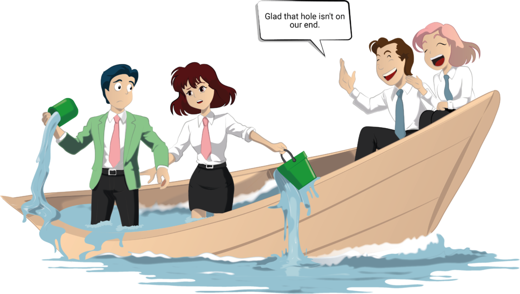 An illustrated metaphor depicting organizational disconnect in crisis management. Four business professionals are in a wooden boat that's taking on water. In the front, two concerned employees (a man in a green jacket and a woman in business attire) are actively bailing water with green buckets, looking worried. At the rear of the boat, which is not yet flooding, two executives are laughing carelessly, with one saying "Glad that hole isn't on our end." The illustration powerfully represents how leadership often remains disconnected from frontline challenges faced by their teams.