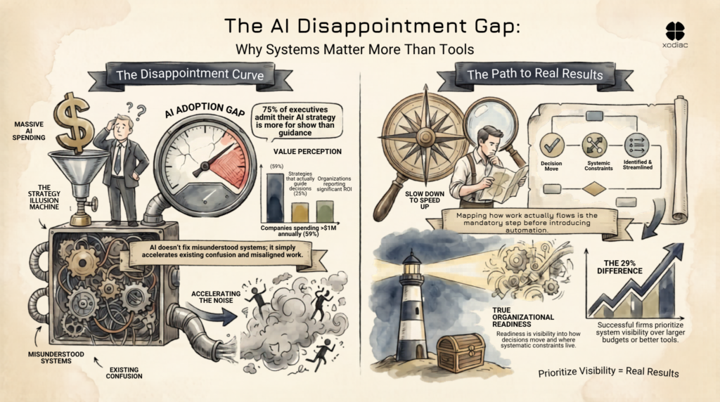 Infographic showing the AI Disappointment Gap — why massive AI spending fails without system visibility, and how the 29% achieving real ROI mapped their delivery systems first