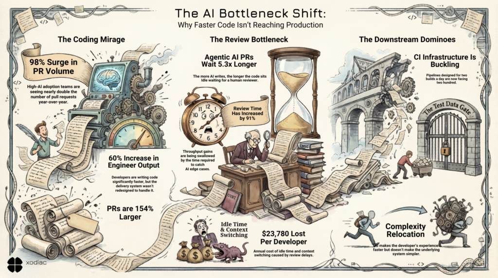Infographic showing the AI bottleneck shift: PR volume up 98%, review time up 91%, and $23,780 lost per developer per year due to AI code review delays