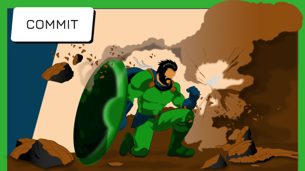 Superhero warrior showing commitment and determination in challenging environment demonstrating resilience