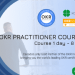 The image shows a professional promotional graphic for an "OKR Practitioner Course" with a sleek blue and green color scheme. Key elements include: Main headline: "OKR PRACTITIONER COURSE" Subtitle: "Course 1 day - 8 hrs" A silhouette of a professional-looking person from behind The OKR Institute certification badge (circular blue logo) Xodiac logo (green four-leaf clover design with "xodiac" text) "OKR INSTITUTE GOLD PARTNER" badge in orange/yellow Text stating: "Canada's only Gold Partner of the OKR Institute, bringing you the world's leading OKR certification." Learning credits information: "7 PDUs | 7 SEUs
