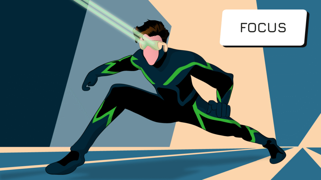 Superhero demonstrating focus in OKR implementation with laser-focused vision and goal achievement