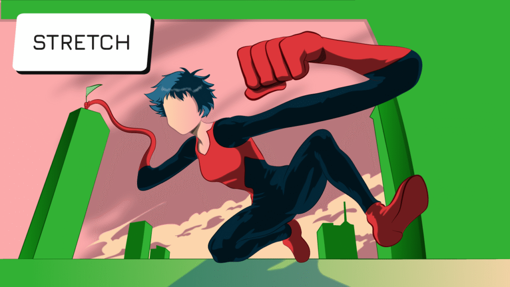 Superhero stretching and extending reach to achieve ambitious goals demonstrating flexibility and adaptation