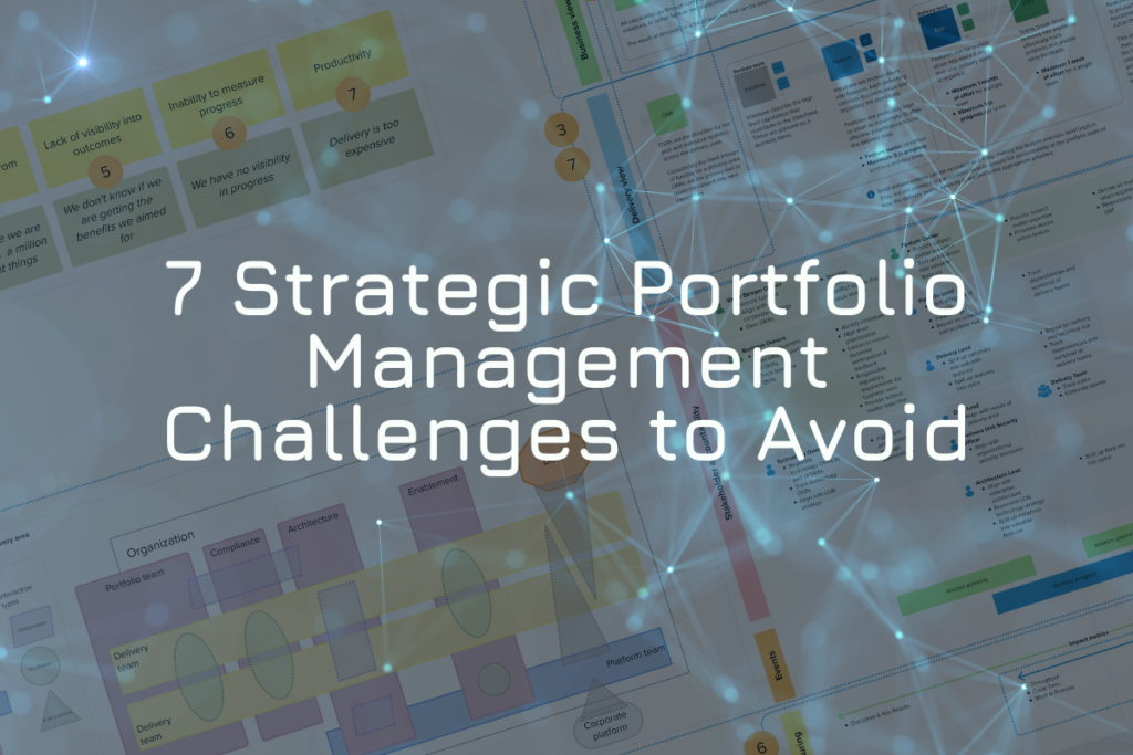 An infographic titled '7 Strategic Portfolio Management Challenges to Avoid' overlaid on a blurred background showing a complex management diagram with connected nodes and organizational elements.