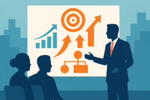 Business professionals examining a strategic alignment presentation with graphs, targets, and organizational structure showing upward growth trajectories.