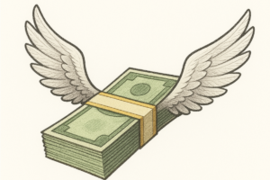 Stack of money with wings flying away