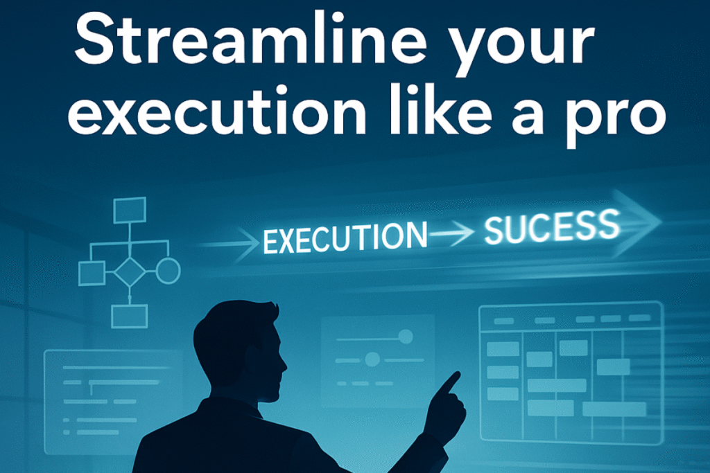 Silhouette of a professional analyzing digital workflow diagrams showing execution pathways leading to success, with process flows and team boards in a blue tech environment.