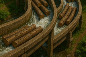 Wooden log flume system with multiple logs flowing through curved channels. Water rushes between the wooden logs as they navigate through the engineered wooden chutes surrounded by green vegetation.