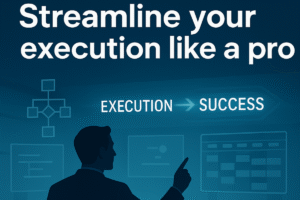 Silhouette of a professional analyzing digital workflow diagrams showing execution pathways leading to success, with process flows and team boards in a blue tech environment.