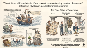 Infographic titled "The AI Spend Mandate: Is Your Investment Actually Just an Expense? Shifting from FOMO-driven spending to managed governance." Two sections. Left: "The Governance Gap" — an illustration of a ship labeled "The Organization" sailing through "FOMO Fog," with a figure declaring "Deploy AI like everyone else! Competitors are doing it!" Key statistics shown: 57% of leaders deployed AI primarily because competitors did; developers can be 19% slower with AI when tools are mismatched to tasks; 85% of organizations miss their AI cost forecasts because spend is distributed across fragmented invoices. A value realization chart shows 74% of organizations failing to scale value versus 4% consistently generating value. Right: "The Three Pillars of Governance" — illustrated columns labeled Spend, Match Model to Task, and Define Business Outcomes. Guidance includes: inventory every subscription and API contract by team and use case; use lightweight models for routine tasks to reduce spend 20–40% without losing quality; connect spend to a CFO-readable metric like reduced delivery time. Closing line: "By implementing this governance layer, leaders can turn opaque AI costs into a managed investment portfolio." Xodiac logo bottom right.