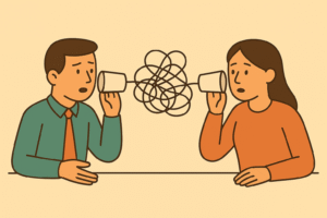Illustration of communication breakdown: two colleagues with tin can phones connected by tangled, knotted string representing workplace miscommunication