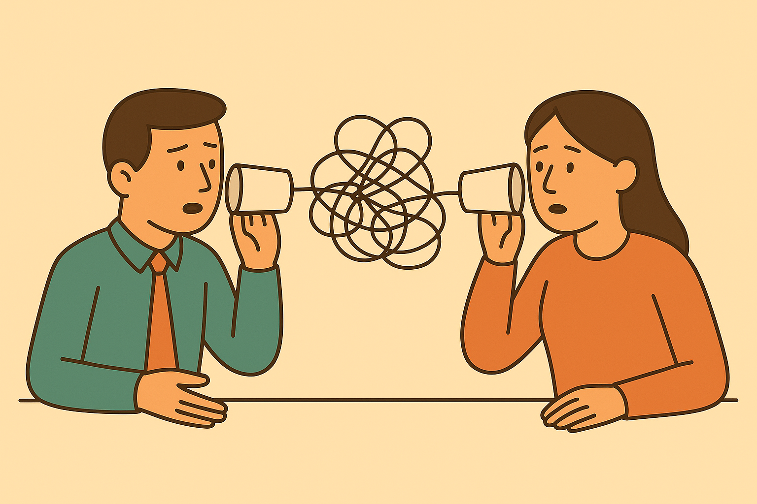 Illustration of communication breakdown: two colleagues with tin can phones connected by tangled, knotted string representing workplace miscommunication