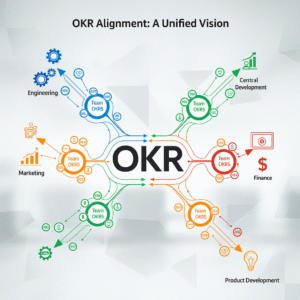 Diagram showing OKR alignment across departments with interconnected team OKRs flowing from a central OKR hub to Engineering, Marketing, Central Development, Finance, and Product Development teams