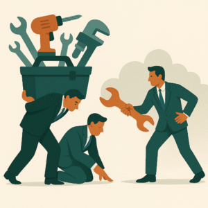 Business professionals collaborating with portfolio management tools - one person carrying a toolbox full of wrenches and tools while others work together to select the right tools for their organization