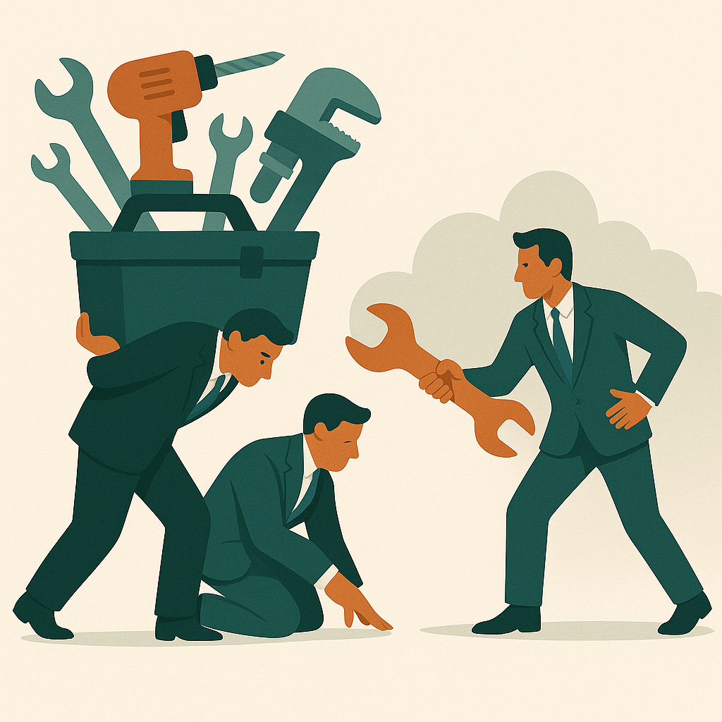 Business professionals collaborating with portfolio management tools - one person carrying a toolbox full of wrenches and tools while others work together to select the right tools for their organization