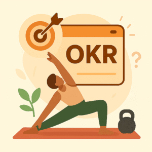 Person stretching with OKR goal-setting framework and target with arrow symbolizing ambitious stretch goals