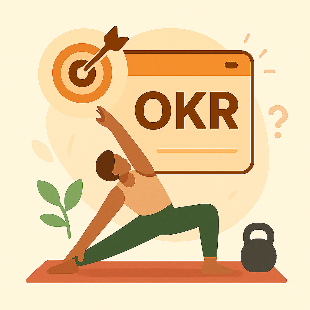 Person stretching with OKR goal-setting framework and target with arrow symbolizing ambitious stretch goals