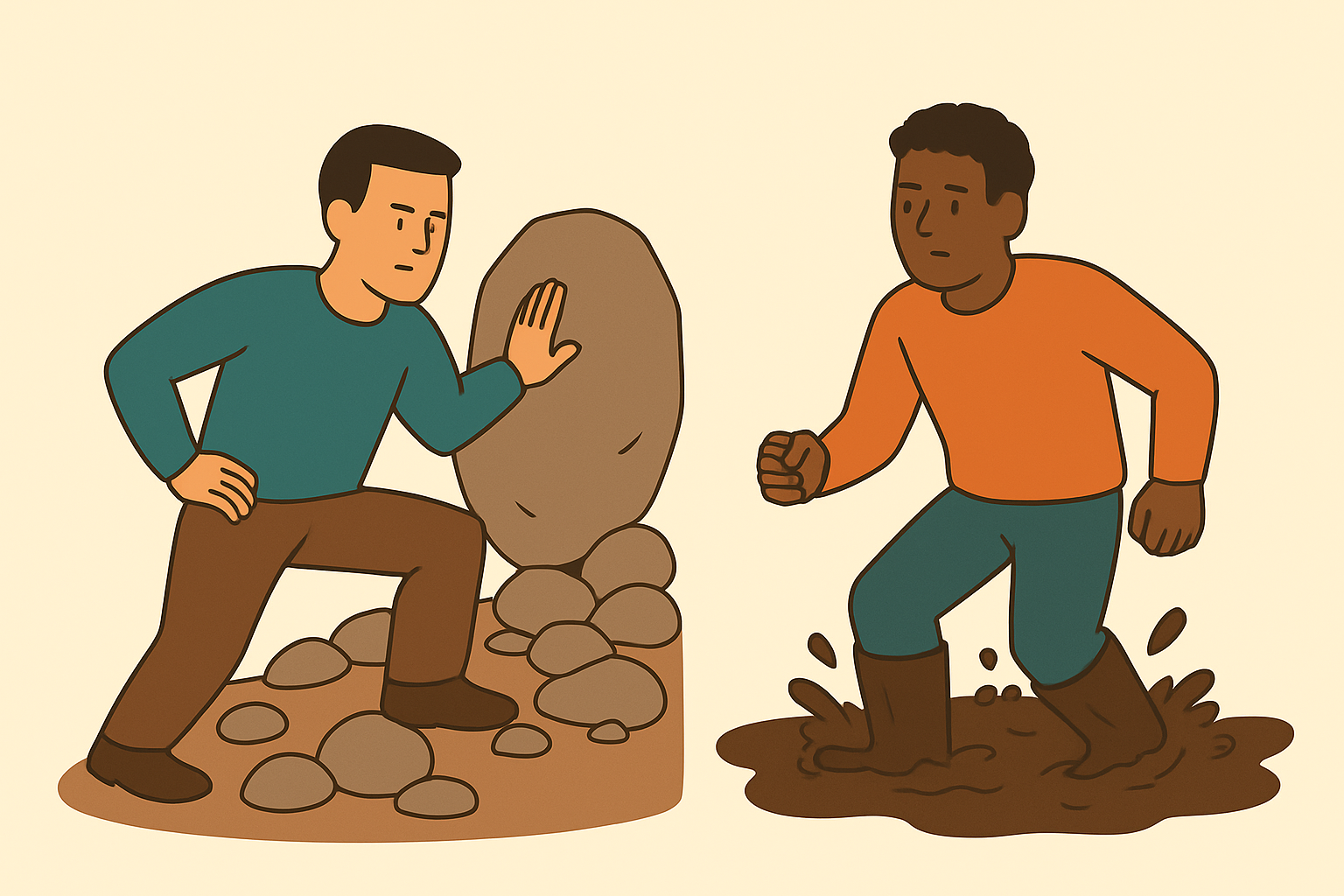 Two business leaders depicted through visual metaphors: one faces a pile of rocks symbolizing a roadblock to overcome, while the other struggles through thick mud representing slow progress and effort. The illustration contrasts how different leaders visualize and approach challenges using business metaphors.