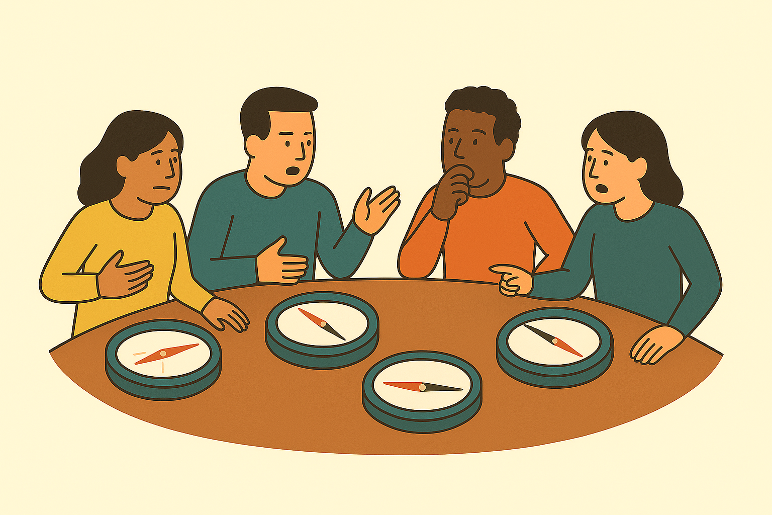 Clean language concept illustration: Four meeting participants with compasses pointing in different directions, showing how teams can believe they're aligned while having fundamentally different understandings.
