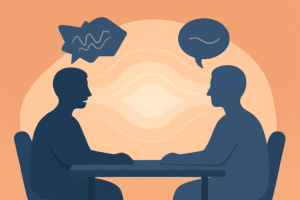 Two professionals having a calm conversation with thought bubbles, illustrating clean questions in meetings for better communication