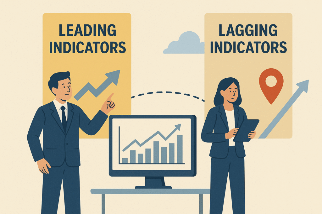 Business professionals analyzing leading and lagging indicators on dashboard charts, showing the relationship between predictive metrics and outcome results in digital transformation measurement