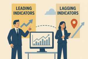 Business professionals analyzing leading and lagging indicators on dashboard charts, showing the relationship between predictive metrics and outcome results in digital transformation measurement