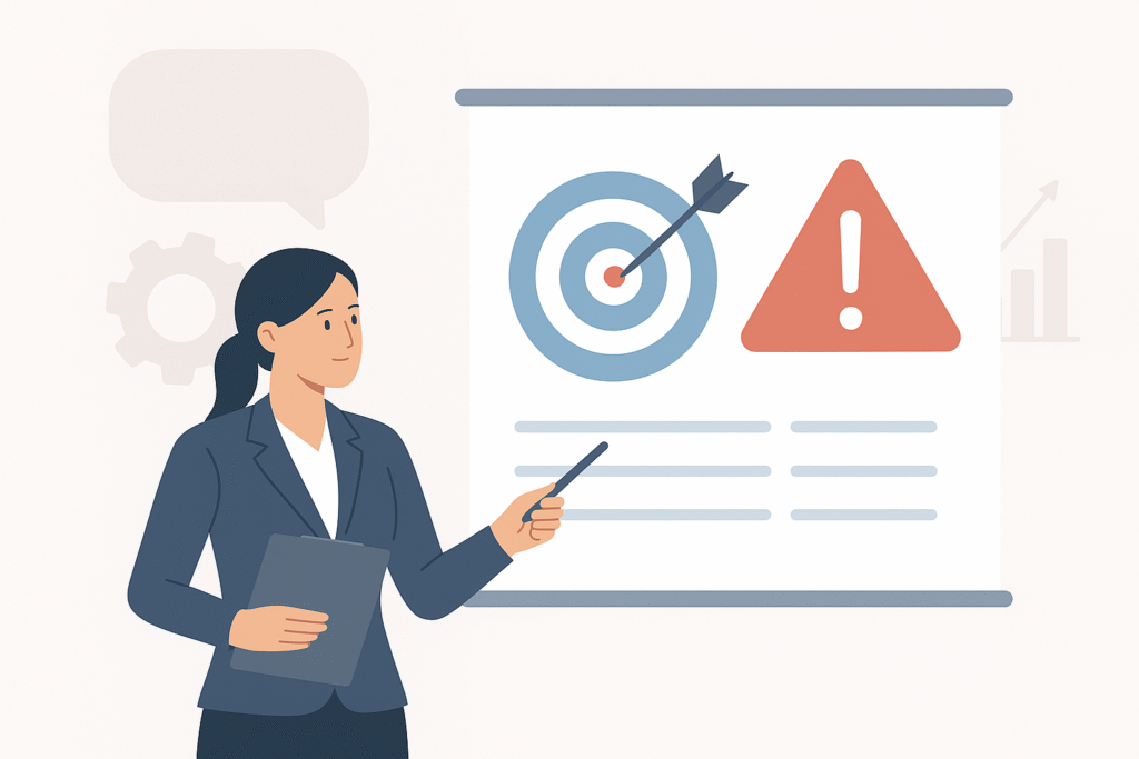 Business professional presenting OKR mistakes and challenges with target and warning symbols