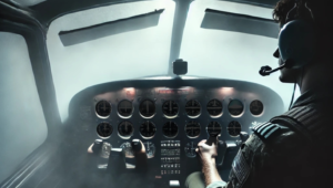 Pilot in aircraft cockpit flying through foggy conditions with limited visibility, looking at instrument panel.