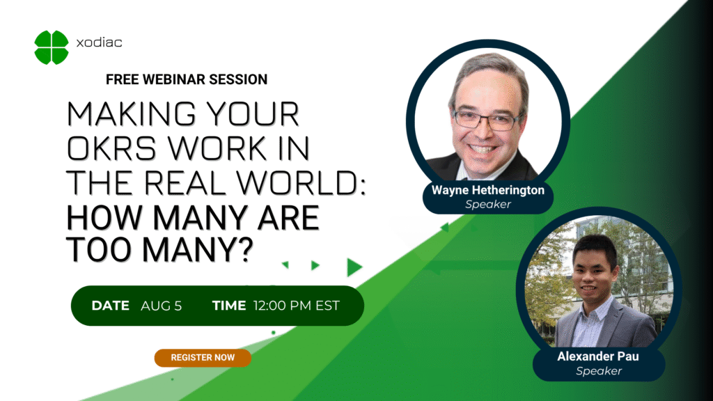 Webinar announcement titled 'Making Your OKRs Work in the Real World: How Many Are Too Many?' featuring Wayne Hetherington and Alexander Pau, hosted by Xodiac on August 5 at 12:00 PM EST. Free session focused on practical OKR strategies and common pitfalls