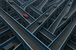 Complex industrial conveyor system with interwoven blue tracks forming a maze-like pattern, featuring a single distinctive red box among many gray ones.