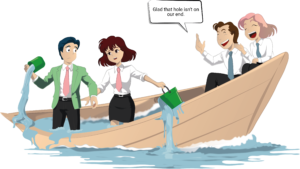 An illustrated metaphor depicting organizational disconnect in crisis management. Four business professionals are in a wooden boat that's taking on water. In the front, two concerned employees (a man in a green jacket and a woman in business attire) are actively bailing water with green buckets, looking worried. At the rear of the boat, which is not yet flooding, two executives are laughing carelessly, with one saying "Glad that hole isn't on our end." The illustration powerfully represents how leadership often remains disconnected from frontline challenges faced by their teams.