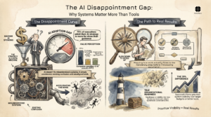Infographic showing the AI Disappointment Gap — why massive AI spending fails without system visibility, and how the 29% achieving real ROI mapped their delivery systems first