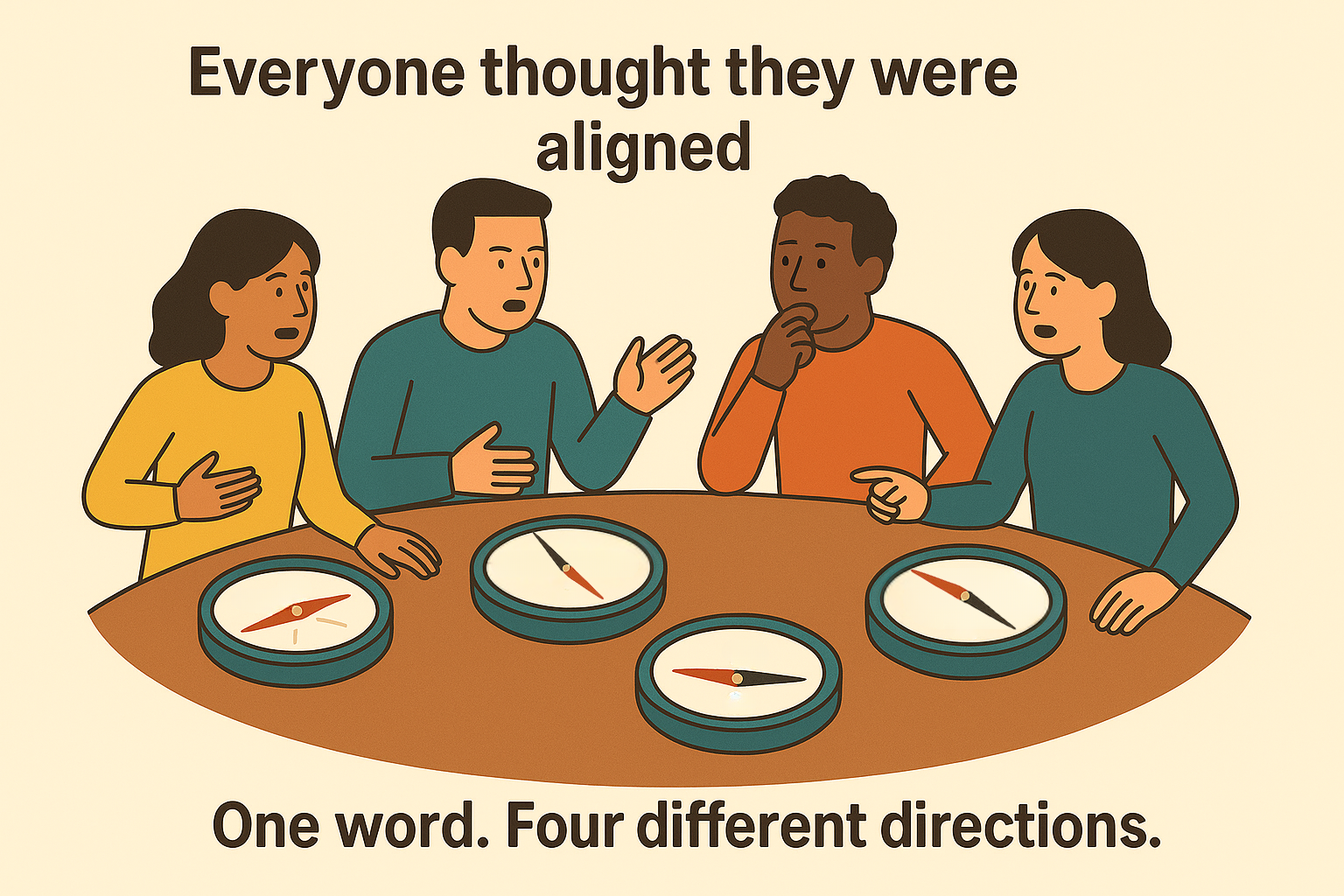 Clean language concept illustration: Four meeting participants with compasses pointing in different directions, showing how teams can believe they're aligned while having fundamentally different understandings.