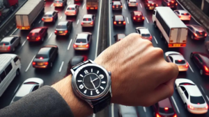Wrist wearing a watch extended over a congested highway with red brake lights during rush hour traffic in a city with skyscrapers in the background.