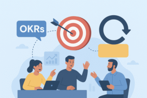 Three professionals collaborating at a table with OKRs, target, and agile cycle icons representing integrated goal-setting and execution