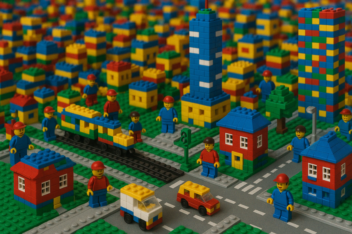 A vibrant and detailed LEGO cityscape featuring a bustling urban environment made entirely of LEGO bricks. The scene includes colorful buildings in red, blue, yellow, and green, with two tall towers in the background. LEGO minifigures are scattered throughout the city—some walking, others standing near houses or on sidewalks. A LEGO train runs along black tracks, and small LEGO vehicles, including a red and yellow car and a white truck, drive on the grey roads. Trees, traffic lights, and street lamps add realism to the miniature city.