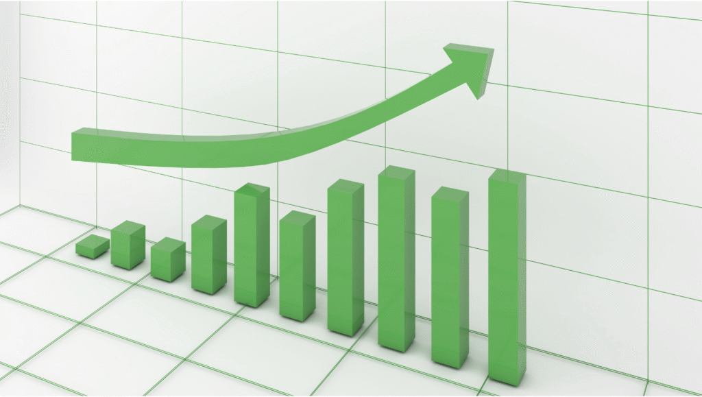 Upward trending green bar graph with arrow showing improved performance metrics for better decision-making