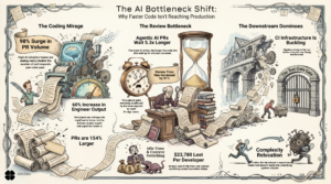 Infographic showing the AI bottleneck shift: PR volume up 98%, review time up 91%, and $23,780 lost per developer per year due to AI code review delays